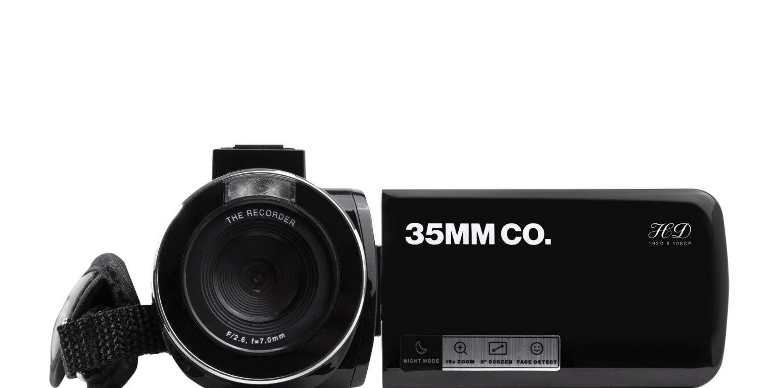 The Recorder® digital camcorder by 35MM CO., shown from the front-left with its screen open